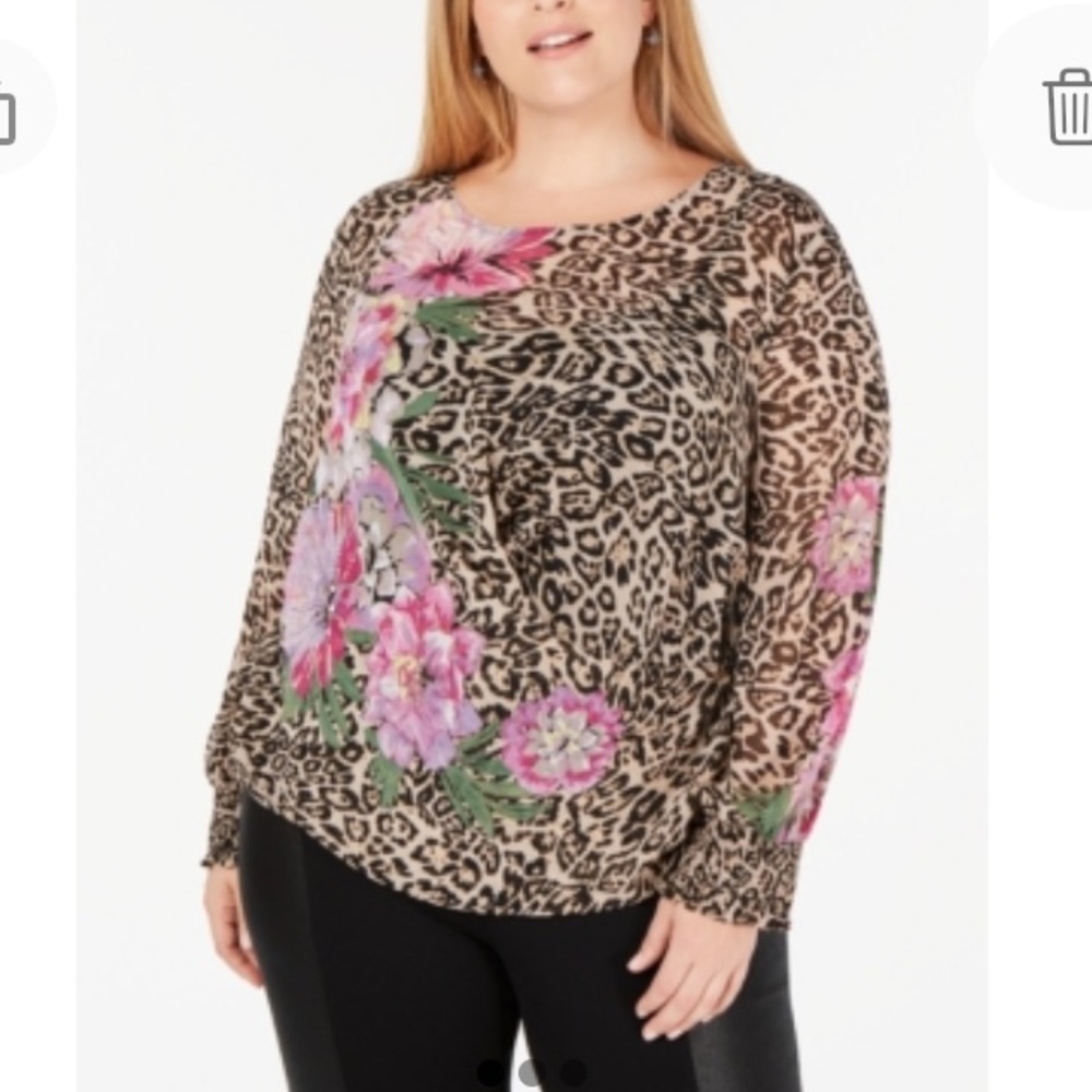 NEW INC International Concepts Leopard Floral Blouse, Size 3X, Brown Purple